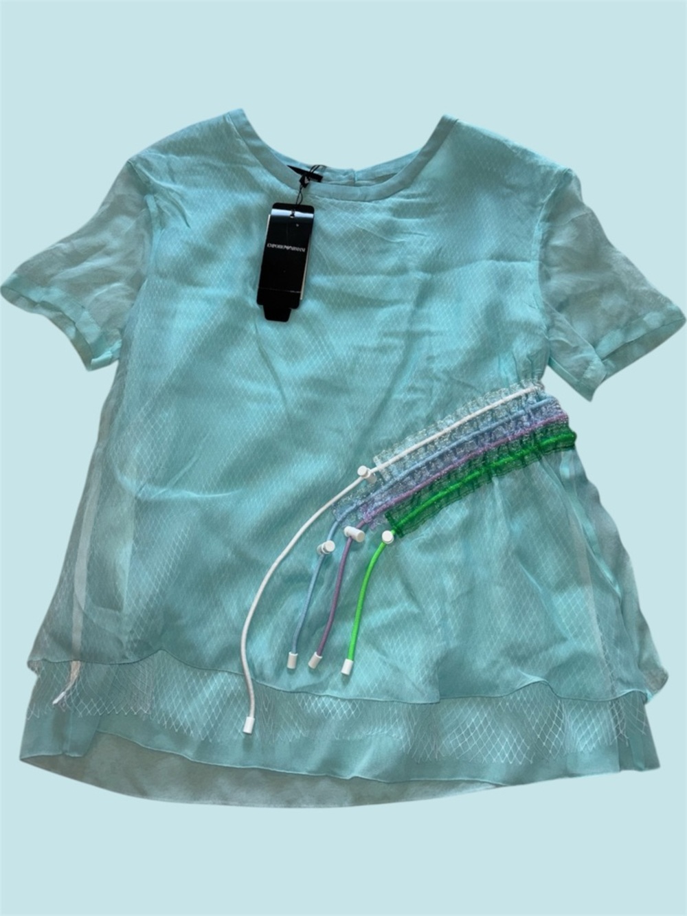 Emporio Armani Aqua Blue Blouse with Colorful Waist Adjustment Tabs